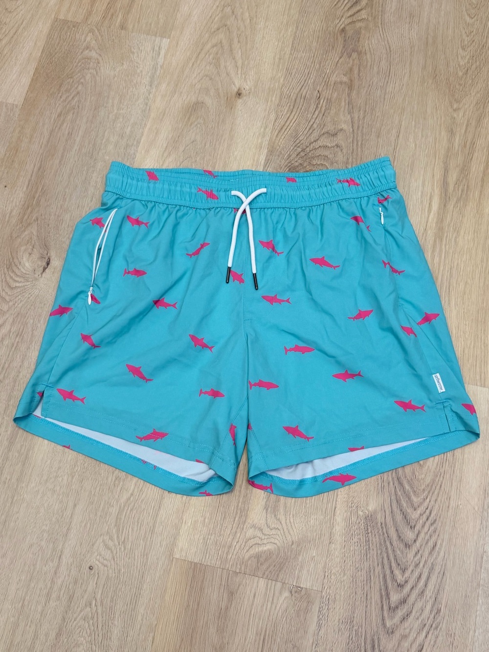 Maamgic Turquoise Swim Shorts with Pink Shark Print